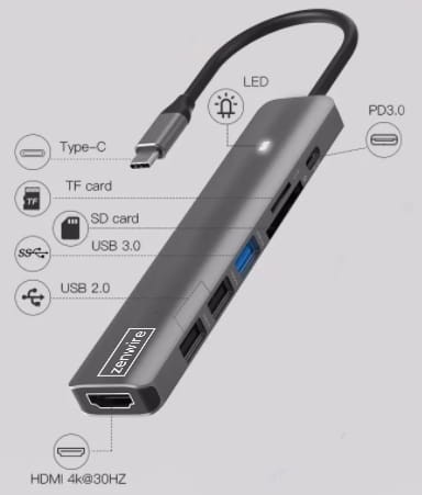 HUB ADAPTER USB-C 7w1 HDMI 4K USB 3.0 SD PD kompatybilny z Macbook M1 M2 M3 LED Zenwire BS-HC703 - zdjęcie 4