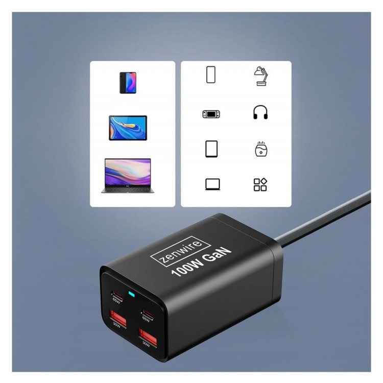 Ładowarka Sieciowa Zasilacz 100W Kostka GaN III Kabel AC 2x USB-C 65W 2x USB-A Zenwire YMS-608 - zdjęcie 6