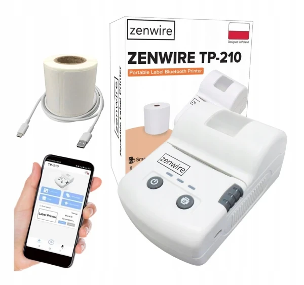 Mini Drukarka Etykiet Naklejek Przenośna Termiczna Bluetooth USB-C z Wbudowaną Baterią 1500 mAh Zenwire TP-210