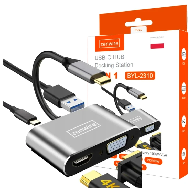 ADAPTER HUB Przejściówka USB-C 4W1 HDMI 4K VGA USB Zenwire BYL-2310 - zdjęcie 1