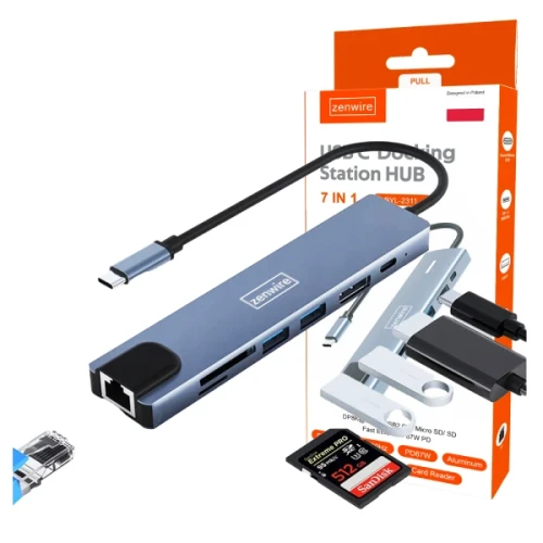 ADAPTER HUB 8w1 USB-C DisplayPort 8K 4K 144Hz RJ45 SD Zenwire BYL-2311 - zdjęcie 1
